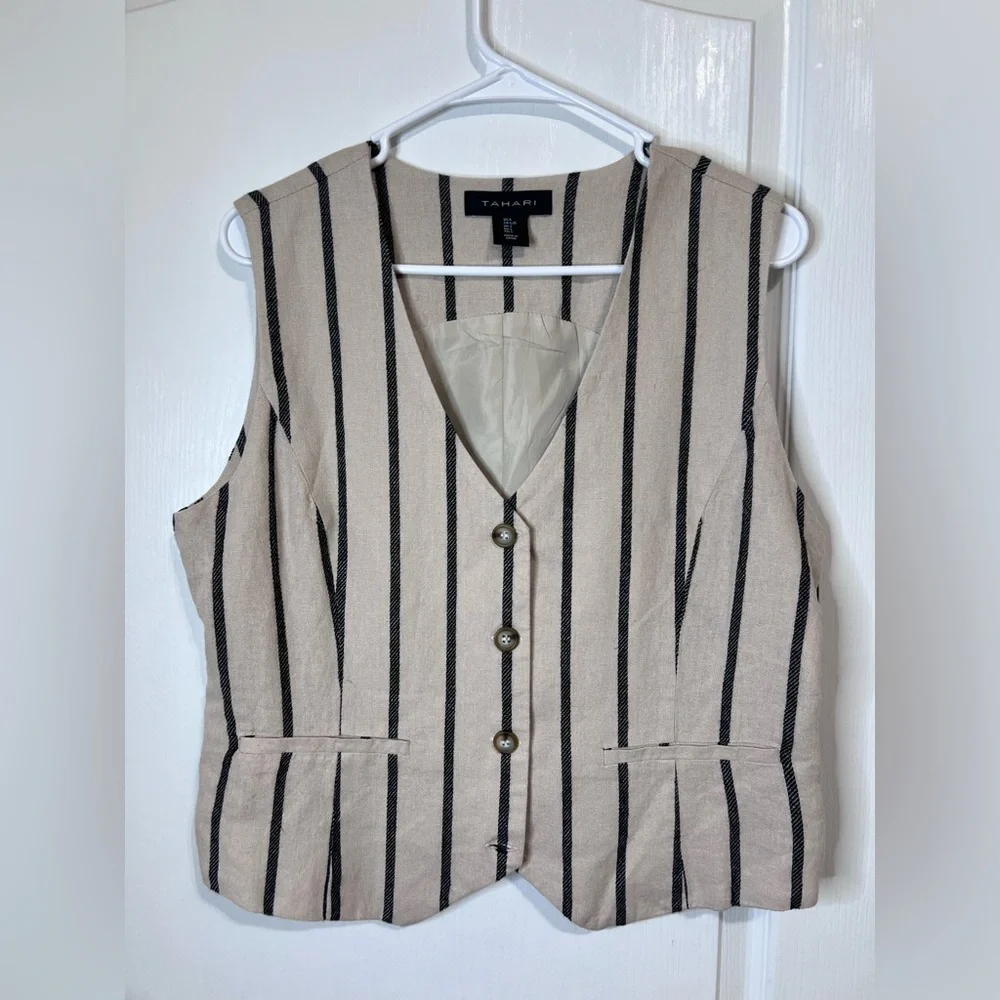 Tahari Beige and Black Linen Blend Vest size L - Picture 3 of 12